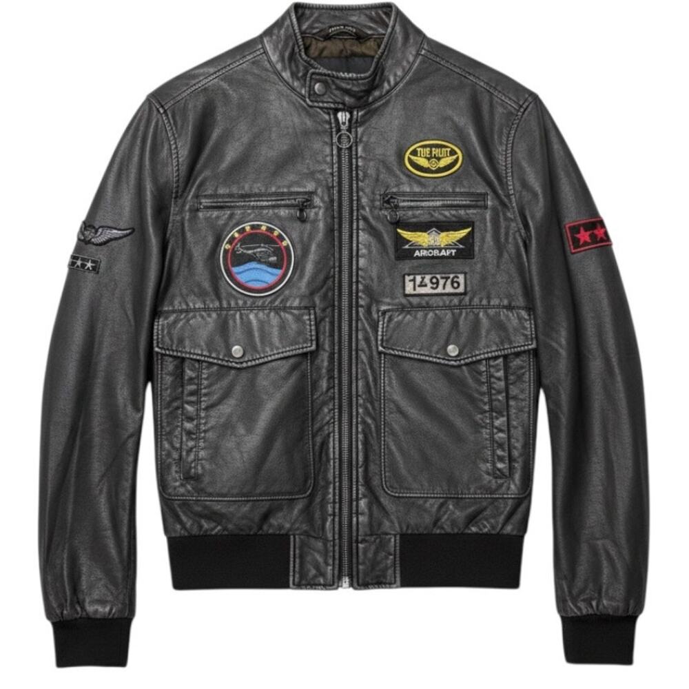 Zara Man Bomber Pilot Flight Jacket Gray Medium Vegan Leather Casual Patches